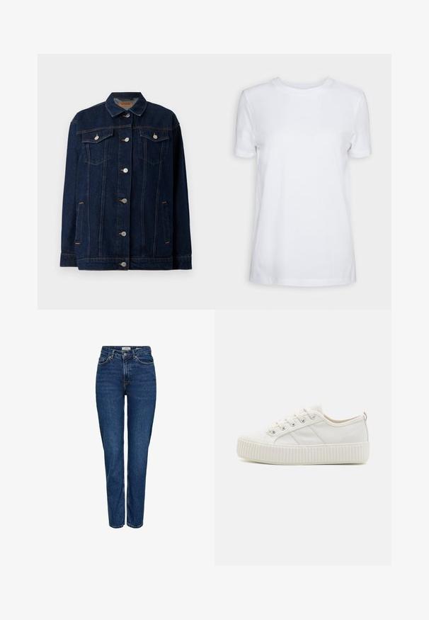 Donkerblauwe denimjas met kraag, voor sluiting met knopen, twee borstzakken, zijzakken en contrasterende stikseldetails.; Effen wit T-shirt met korte mouwen en ronde hals, normale pasvorm en een klein label aan de binnenkant van de hals met de tekst "SELECTED FEMME."; Donkerblauwe spijkerbroek met rechte pijpen, hoge taille, vijf zakken, lichte stiksels en een subtiele textuur.; Witte canvas sneakers met een gestructureerde rubberen zool, ronde neus en vetersluiting met drie zijstrepen.