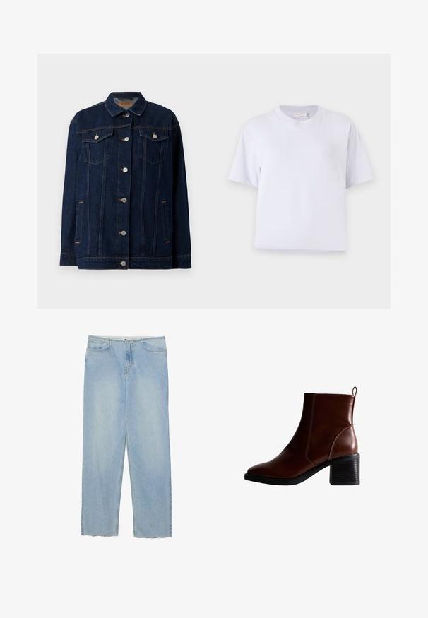 Donkerblauwe denimjas met kraag, voor sluiting met knopen, twee borstzakken, zijzakken en contrasterende stikseldetails.; Witte katoenen t-shirt met een losse pasvorm, korte mouwen, ronde hals en zonder zichtbare patronen of versieringen. Gladde textuur.; Lichtblauwe denim jeans met een rechte pijp, met een hoge taille, vijf zakken en gezeffde zoomdetails.; Bruin lederen enkellaars met een vierkante neus en zijnaad, een gestapelde hak van 7,5 cm en een lus aan de achterkant voor gemakkelijk aan- en uittrekken.