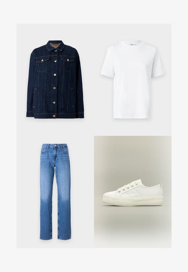 Veste en denim bleu foncé avec col, fermeture à boutons sur le devant, deux poches poitrine, poches latérales et détails de couture contrastants.; T-shirt en coton blanc à col rond, avec des manches courtes et une texture lisse. Conçu avec une coupe décontractée pour plus de confort et de polyvalence.; Jean en denim bleu clair avec une taille haute, une coupe droite et des zones décolorées. Comprend des poches avant standard et une fermeture à bouton.; Baskets basses blanches avec semelle épaisse côtelée, lacets à l'avant et languette à l'arrière sur fond neutre.