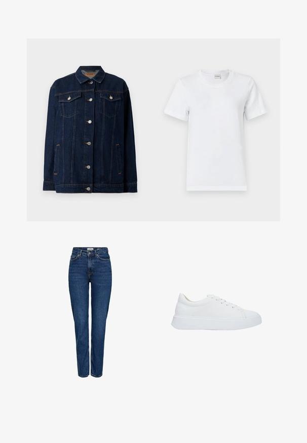 Donkerblauwe denimjas met kraag, voor sluiting met knopen, twee borstzakken, zijzakken en contrasterende stikseldetails.; Witte katoenen t-shirt met een ronde halslijn, korte mouwen, rechte zoom en een gladde textuur. Geen patronen of extra materialen.; Donkerblauwe spijkerbroek met rechte pijpen, hoge taille, vijf zakken, lichte stiksels en een subtiele textuur.; Witte leren sneakers met een ronde neus, platte veters en een dikke rubberen zool. Gladde textuur met minimale stikseldetails.