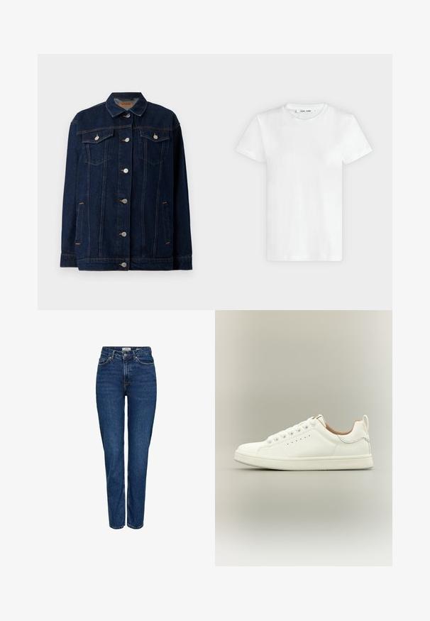 Veste en denim bleu foncé avec col, fermeture à boutons sur le devant, deux poches poitrine, poches latérales et détails de couture contrastants.; T-shirt blanc uni à manches courtes et col rond, posé à plat sur un fond gris clair, montrant le devant avec l'étiquette à l'intérieur du col.; Jean en denim bleu foncé avec une coupe droite, taille haute, cinq poches, coutures claires et une finition texturée subtile.; Baskets blanches basses avec lacets, détails perforés sur les côtés et languette au talon, sur fond neutre.