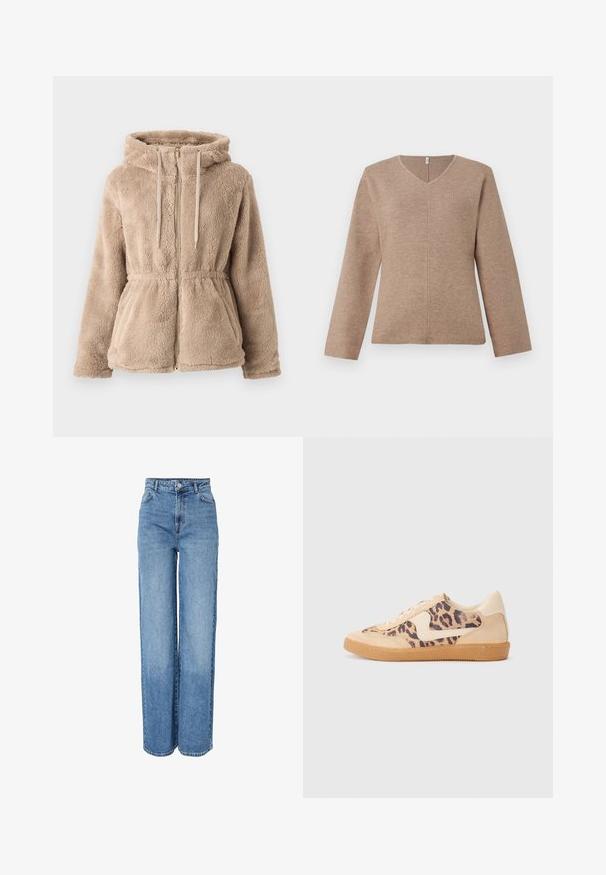 Veste à capuche en fausse fourrure beige avec fermeture éclair, cordon de serrage, taille élastique et deux poches avant. Texture douce et design décontracté.; Pull à col en V en tricot brun clair, doté de manches longues et d'un détail de couture central pour un ajustement décontracté. Texture douce, design minimaliste.; Jean en denim bleu, taille haute, coupe droite, avec fermeture à boutons et zip à l'avant, passants pour ceinture et poches avant et arrière.; Baskets en imprimé léopard avec tige en suède beige, semelle en caoutchouc tan et accents blancs. Bout rond et design à lacets avec une finition texturée.
