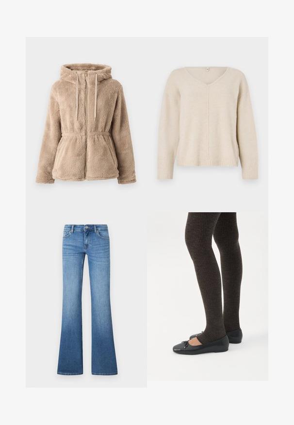 Veste à capuche en fausse fourrure beige avec fermeture éclair, cordon de serrage, taille élastique et deux poches avant. Texture douce et design décontracté.; Pull en tricot beige avec un col en V, des poignets et un ourlet côtelés. Présente un design de couture centrale et une coupe ample. Matière douce et texturée.; Jean flare bleu clair en denim. Comprend un design à cinq poches, une fermeture par bouton métallique et un léger délavage près des genoux.; Jambes portant des leggings côtelés foncés associés à des ballerines noires avec de petits détails en nœud sur fond blanc.
