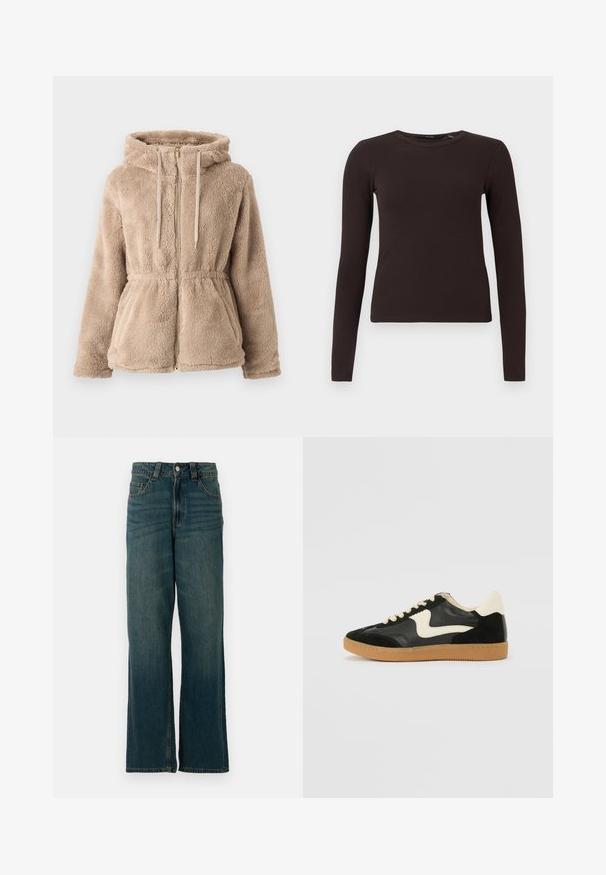 Veste à capuche en fausse fourrure beige avec fermeture éclair, cordon de serrage, taille élastique et deux poches avant. Texture douce et design décontracté.; Haut à col rond à manches longues côtelé, marron foncé, avec une silhouette ajustée, présenté sur un fond blanc uni.; Jean en denim bleu à jambes droites avec cinq poches et une fermeture à bouton, présenté sur un fond blanc.; Baskets en daim et cuir noir avec un swoosh latéral crème et un talon crème clair. Dotées de lacets beige et d'une semelle en caoutchouc gomme.
