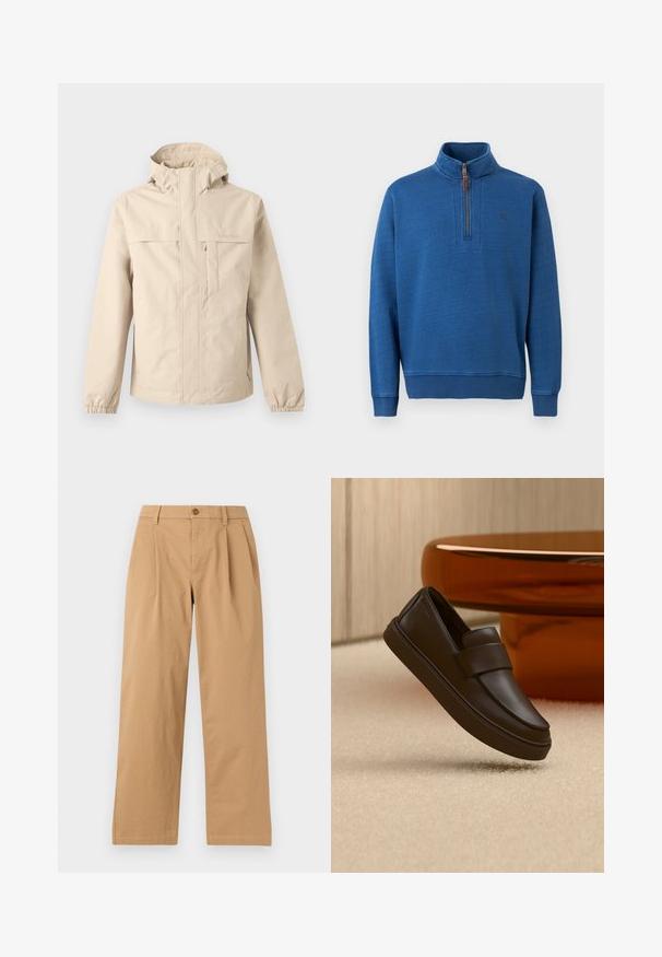 Veste à capuche beige avec fermeture éclair devant, rabat de poche poitrine, poignets élastiques et logo Timberland discret sur la poitrine et la manche.; Pull-over bleu à manches longues avec une fermeture éclair quart-zip à l'avant et un col montant, doté de poignets et d'un ourlet côtelés, présenté sur un fond blanc.; Pantalon droit marron clair avec des plis à l'avant, des passants de ceinture et une fermeture par bouton à la taille, présenté sur un fond uni.; Une chaussure mocassin en cuir marron foncé flottant au-dessus d'un tapis crème avec une table ronde orange en arrière-plan.