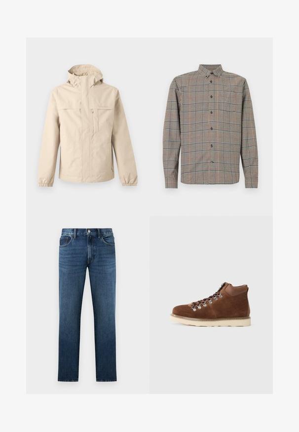 Veste à capuche beige avec fermeture éclair devant, rabat de poche poitrine, poignets élastiques et logo Timberland discret sur la poitrine et la manche.; Chemise à manches longues avec col classique, présentant un motif à carreaux beige et noir avec des lignes subtiles rouges et bleues.; Jean en denim bleu foncé à coupe droite avec fermeture à bouton et fermeture éclair à l'avant, poches avant et arrière, présenté sur fond blanc.; Bottes de randonnée en daim marron avec un design montante, des œillets en métal et une semelle en caoutchouc de couleur claire. Elles présentent des surpiqûres contrastées et un col rembourré.