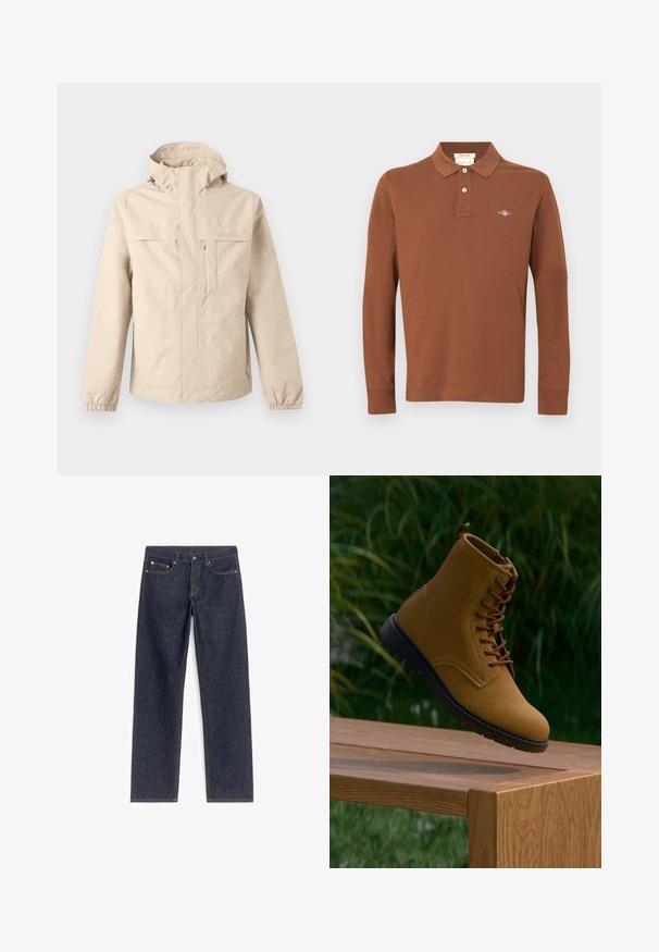 Veste à capuche beige avec fermeture éclair devant, rabat de poche poitrine, poignets élastiques et logo Timberland discret sur la poitrine et la manche.; Polo marron à manches longues en coton avec une patte de boutonnage à trois boutons et un logo brodé sur la poitrine. Texture lisse.; Jeans en denim bleu foncé avec une coupe droite, comportant cinq poches et des coutures dorées contrastantes. Pas d'embellissements ni de motifs.; Bottine en suede marron avec des lacets marron, une semelle en caoutchouc noir et une finition lisse, exposée au-dessus d'une surface en bois devant un arrière-plan verdoyant.