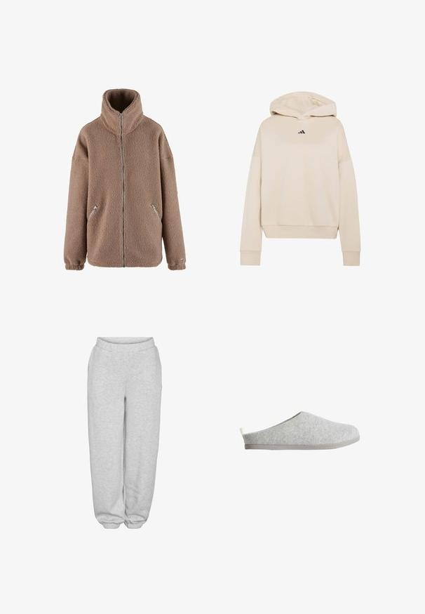aim’n® Fleecejakke - dark clay; Beige hoodie med snøre i hætten, ribstrikkede manchetter og kant. Har en lille sort adidas-logo på brystet. Blødt, glat stof.; Lysegrå sweatpants med elastisk talje, sidelommer og elastiske manchetter ved anklerne.; Grå følesko med en glat overflade, minimalistisk design, rund tå og en flad grå gummisål. Har en lille løkke bagpå for nem påtagning.