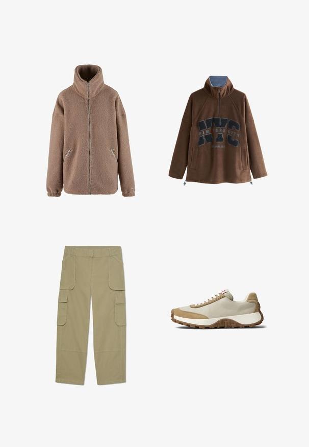 aim’n® Fleecejakke - dark clay; Brun fleecepullover med kvart lynlås, høj krave, forlommer og mørkeblå "NYC New York City The Empire State" bogstaver foran.; Khakifarvede cargobukser med flere klaplommer foran og på siderne, lige ben og bæltestropper i taljen.; Beige læder- og ruskindsneaker med en struktureret finish, hvide snørebånd og en brun gummisål med mønstret grebssål.