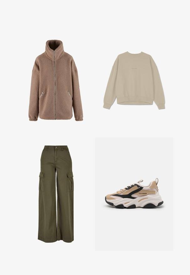 aim’n® Fleecejakke - dark clay; Beige sweatshirt lavet af blødt bomuld, der har en rund halsudskæring, nedfaldne skuldre og ribbede mancher. På fronten er ordet "PEGAADOR" broderet.; Olivengrønne bredde cargo bukser med to sidelommer, lavet af et blødt, holdbart stof. Har detaljeret syning og en knaplukning.; Beige og sorte sneakers med mesh-paneler, tykk hvid sål og snørebånd. Har branded detalje på siden og tekstureret gummisål.