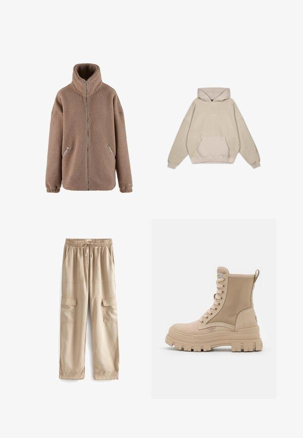 aim’n® Fleecejakke - dark clay; Beige hætte sweatshirt med en afslappet pasform, kængurulomme, manchetter og en glat tekstur. Har diskrete logo-detaljer på forsiden.; Beige cargo bukser lavet af letvægtsstof, med elastisk talje, snor og flere store frontlommer.; Beige snørestøvle til anklen med tyk rillede sål og tekstureret sidepanel, der viser mærkeetiketten og trækskiven bagpå.