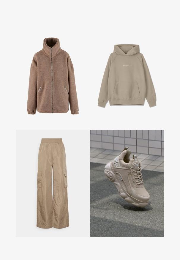aim’n® Fleecejakke - dark clay; Beige hoodie med kængurulomme, snøre i hætten og ribbede manchetter. Har subtil logo broderi på fronten og ærmet.; Even&Odd Tall Cargobukser - beige; Beige atletisk sko med overdel i mesh og syntetisk materiale, polstret krave og kraftig sål med strukturerede detaljer. Branding synlig på siden.