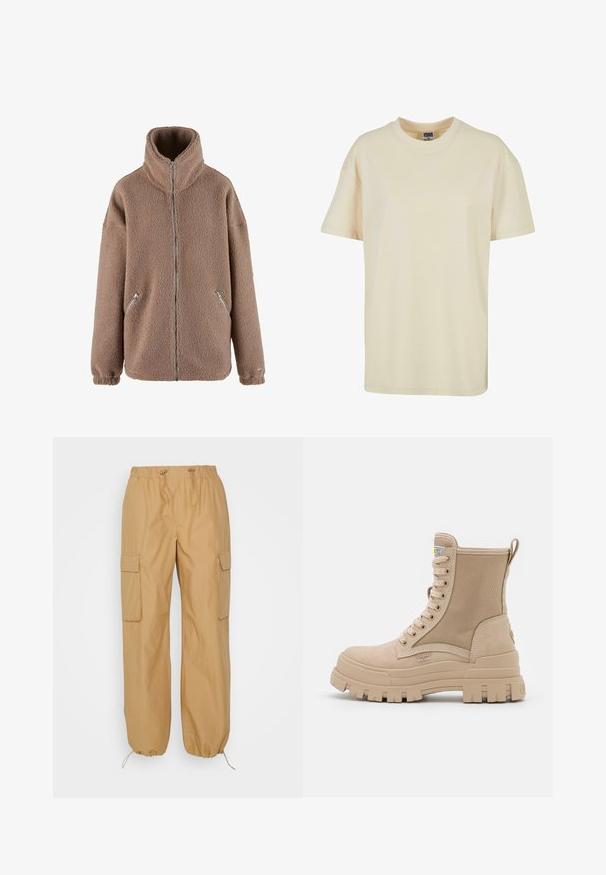 aim’n® Fleecejakke - dark clay; Kræmfarget crew neck t-shirt lavet af blød bomuld. Har korte ærmer og en afslappet pasform uden synlige mønstre eller accenter.; b.young BYDEMETE - Cargobukser - tiger's eye; Beige snørestøvle til anklen med tyk rillede sål og tekstureret sidepanel, der viser mærkeetiketten og trækskiven bagpå.