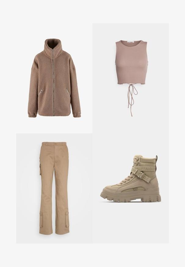 aim’n® Fleecejakke - dark clay; Even&Odd Top - taupe; Nicki Studios STRAIGHT POCKET PANTS - Cargobukser - kahve; Tan højhælede støvler lavet af syntetisk materiale, der har en grov sål, teksturerede stofdetaljer og en rem med logo.
