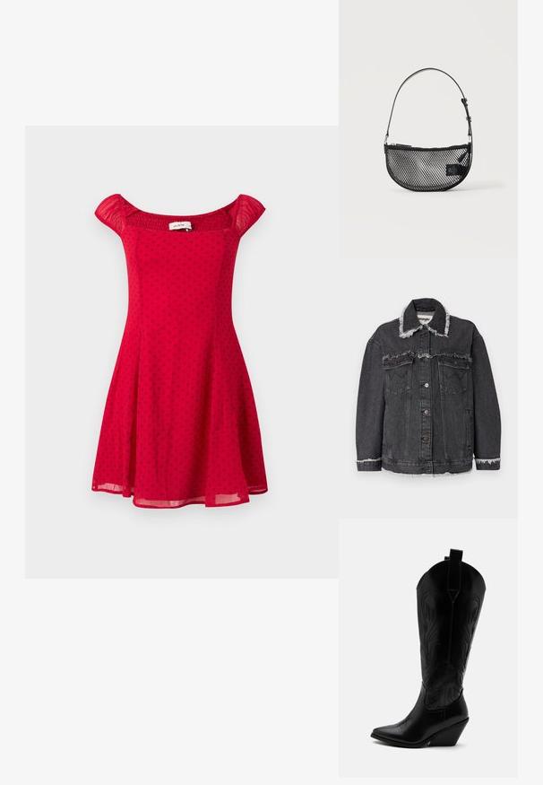 Schwarze Jeansjacke mit ausgefranstem Kragen und Saum, zwei Fronttaschen, Knopfverschluss und lockerer Passform. Wrangler-Label innen sichtbar.; Rotes Kleid mit weißen Punkten, kurzen Puffärmeln, tailliertem Oberteil und ausgestelltem Rock. Hergestellt aus leichtem Stoff mit glatter Textur.; Schwarzer Leder-Cowboystiefel mit spitzer Zehe, schrägem Blockabsatz, dekorativer Naht und Zuglaschen oben vor weißem Hintergrund.; Schwarze Netz-Halbmondhandtasche mit kurzem verstellbarem Lederriemen und Reißverschluss an einem einfarbigen hellen Hintergrund.