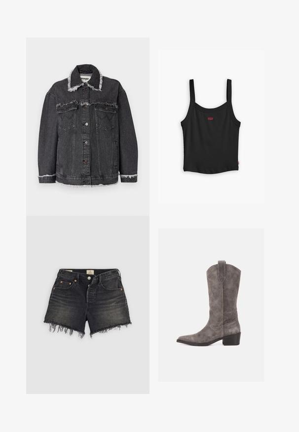 Zwarte denimjacket met rafelige kraag en onderzoom, voorzien van twee voorzakken, knoopsluiting en een relaxte pasvorm. Wrangler-label zichtbaar aan de binnenkant.; Zwarte geribbelde tanktop met dunne bandjes, voorzien van een klein rood Levi's-logo aan de voorkant en een rechte zoom.; Zwarte spijkershort met rafelige zomen, steekzakken aan de voorkant, lussen voor een riem en een knoopsluiting, afgebeeld op een effen achtergrond.; Grijze suède westernlaars tot halverwege de kuit met puntige neus, aantreklus en lage gestapelde hak op een witte achtergrond.