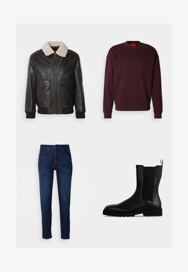 Veste bomber en cuir noir avec un col en shearling blanc. Équipée d'une fermeture éclair dorée, de deux poches avant, de poignets côtelés et d'un design structuré.; Sweatshirt bordeaux en tissu doux, avec un col rond, des poignets côtelés, et un petit logo embossé sur la poitrine.; Jean en denim bleu foncé avec une coupe droite, comportant des poches et une fermeture à bouton à la taille. Texture douce, détails de décoloration minimes.; Bottine en cuir noir avec un panneau latéral élastique, une semelle épaisse et une languette à l’arrière, featuring un petit logo doré "Hugo" près du talon.