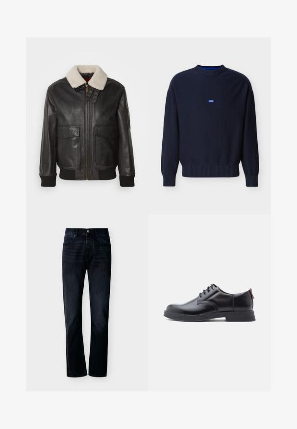 Chaqueta bomber de cuero negro con un cuello de borreguillo blanco. Cuenta con una cremallera dorada, dos bolsillos frontales, puños acanalados y un diseño estructurado.; Suéter de punto azul marino con cuello redondo, puños y dobladillo acanalados, con un pequeño logo azul "HUGO" en el pecho.; Vaqueros de pierna recta en índigo oscuro con cierre frontal de botón y cremallera, trabillas para cinturón y diseño de cinco bolsillos, mostrados sobre un fondo claro y liso.; Zapatos de piel negra con cordones, textura lisa, puntera redondeada y detalles sutiles de costura. Cuentan con una lengüeta roja en el talón.
