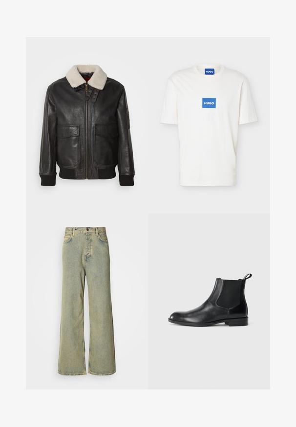 Chaqueta bomber de cuero negro con un cuello de borreguillo blanco. Cuenta con una cremallera dorada, dos bolsillos frontales, puños acanalados y un diseño estructurado.; Camiseta blanca de manga corta con cuello redondo y un logo rectangular azul con la palabra "HUGO" centrado en el pecho y en el interior del cuello.; Jeans de pierna ancha en denim azul claro, con una cintura alta, diseño clásico de cinco bolsillos y un cierre de botón en la parte frontal.; Botín negro de cuero hasta el tobillo con paneles elásticos a los lados, punta redondeada y lengüeta. Textura suave, suela plana, diseño minimalista.