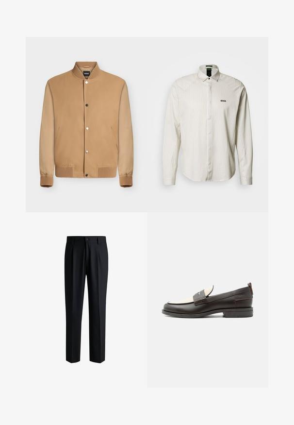 Veste bomber marron clair avec boutons-pression, col, poignets et ourlet côtelés, et poches latérales. Étiquette de marque "BOSS" à l'intérieur du col.; Chemise à manches longues rayée en beige clair et blanc, dotée d'un col classique, d'une fermeture à boutons, et d'un logo brodé "BOSS" sur la poitrine.; Pantalons noirs en tissu lisse, avec une coupe droite, des plis à l'avant et une fermeture à bouton avec passants de ceinture.; Mocassin homme en cuir marron foncé avec panneau en tissu écru et détail classique de bride cousue, semelle plate et languette au talon.