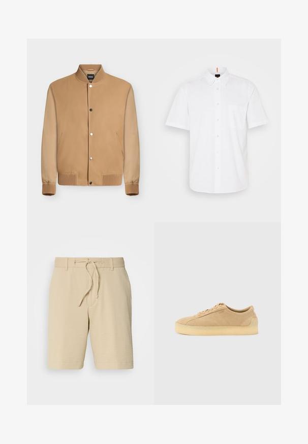 Veste bomber marron clair avec boutons-pression, col, poignets et ourlet côtelés, et poches latérales. Étiquette de marque "BOSS" à l'intérieur du col.; Chemise blanche à manches courtes, boutonnée, fabriquée en coton, avec une poche poitrine unique, un col classic et des détails de couture discrets.; Shorts beiges en tissu texturé, dotés d'une taille élastique avec cordon de serrage et de poches latérales pour plus de fonctionnalité.; Baskets basses en daim beige avec semelle épaisse en gomme, fermeture à lacets à l'avant, et logo discret sur le côté, sur un fond uni gris clair.