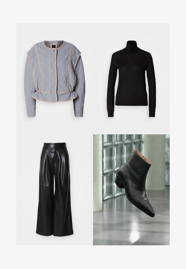 Quiltet grå jakke med blomstermønster, beige pipning, rund udskæring og subtile indsnit i taljen. Har lange ærmer og frontlukning.; Sort turtleneck sweater lavet af et let strikket stof. Har lange ærmer og en tætsiddende silhuet med raglan-sømme.; Sorte faux læder brede bukser med høj talje, plisseret foran og glat tekstur. Har et rent, minimalistisk design.; Sort læderankelstøvle med spids tå og blokhæl, der svæver over en reflekterende grå gulv nær en væg af glasblokke.