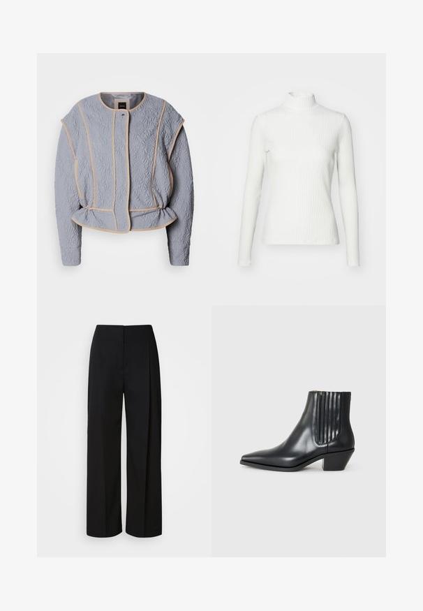 Quiltet grå jakke med blomstermønster, beige pipning, rund udskæring og subtile indsnit i taljen. Har lange ærmer og frontlukning.; Hvid ribbet turtleneck blouse med lange ærmer, lavet af elastisk stof. Har et tætsiddende design og høj hals for god dækning.; Sorte højhåndede bukser med vide ben, skjult frontlukning, tilpassede syninger og et glat, struktureret stof.; Sorte læder ankelstøvle med spids tå, elastiske sidepaneler med lodrette riller og en lav blokhæl. Glat tekstur og slankt design.