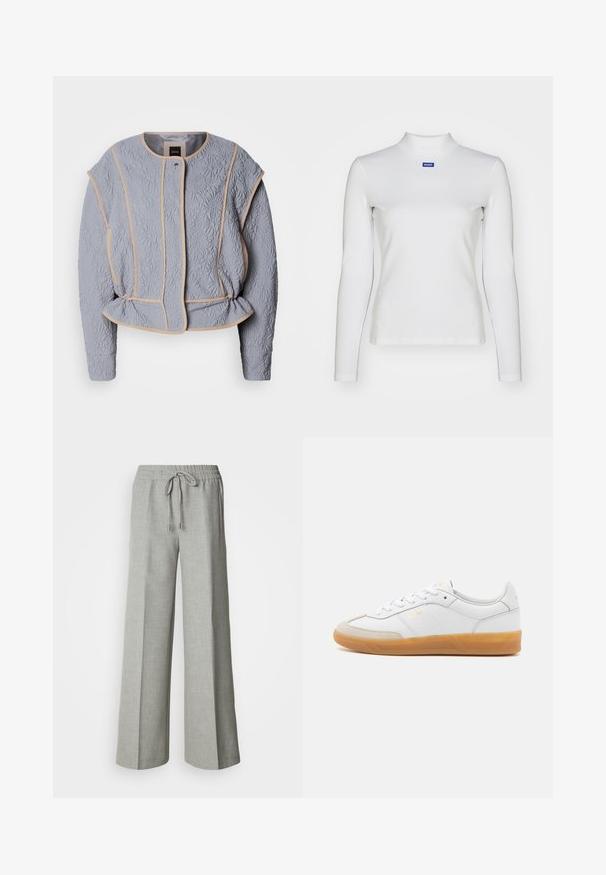 Quiltet grå jakke med blomstermønster, beige pipning, rund udskæring og subtile indsnit i taljen. Har lange ærmer og frontlukning.; Hvid langærmet turtleneck-top lavet af strækstof, med en tætsiddende design og et lille blåt logo på brystet.; Lysegrå bukser med brede ben, elastisk taljebånd med snøre, forlommer og et subtilt tekstureret stof.; Hvide lædersneakers med beige ruskindsdetaljer, gummisål og snøredesign. Har diskret branding i guld.