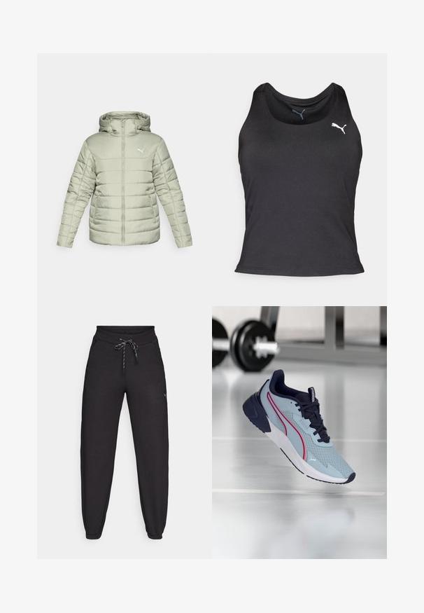 Lichtgroene gewatteerde jas met een capuchon, voorrits en wit logo. Voorzien van horizontale stiksels en twee zijzakken. Soepele textuur.; Zwarte sportieve tanktop, zonder mouwen, gladde stof, ronde halslijn, met een klein wit Puma-logo op de linkerkant van de borst.; Zwarte joggingsbroek van zacht, rekbaar materiaal, met een trekkoord in de taille, zijzakken en taps toelopende boorden bij de enkels.; Lichtblauwe sportschoen met donkerblauwe accenten, gestructureerd mesh bovenwerk, roze zijstrepen en een gevoerde witte zool.