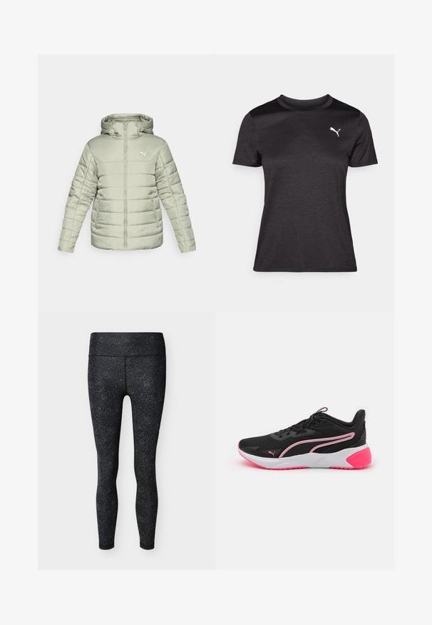 Lichtgroene gewatteerde jas met een capuchon, voorrits en wit logo. Voorzien van horizontale stiksels en twee zijzakken. Soepele textuur.; Zwarte sportieve T-shirt met korte mouwen, ronde halslijn en een wit logo op de borst. Glad materiaal en getailleerde pasvorm.; Zwart-grijs gevlekte, hooggetailleerde sportlegging met een aansluitend ontwerp tot enkelhoogte op een witte achtergrond.; Zwarte sportieve schoenen met een bovenwerk van mesh, roze accenten, witte tussenzool en een kenmerkend logo. Kenmerkt zich door een lichtgewicht ontwerp en een gestructureerde buitenzool.