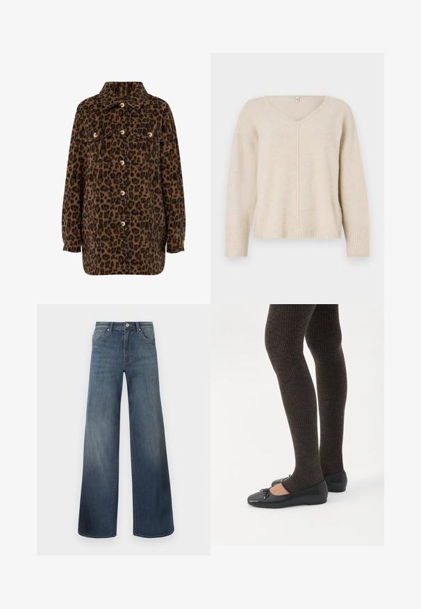 Brun og sort leopardprint skjortejakke med krave, knaplukning, to brystlommer og lange ærmer. Blød tekstur.; Beige striktrøje med V-hals, ribstrikkede manchetter og kant. Har et centralt sømdesign og en løs pasform. Blødt, tekstureret materiale.; Bredde denim jeans i mørkeblå, med en slidteknik, knaplukning og fem-lomme stil. Glat tekstur, minimal syning detaljer.; Ben iført mørke ribbede leggings kombineret med sorte balletsko med små sløjfedetaljer på hvid baggrund.