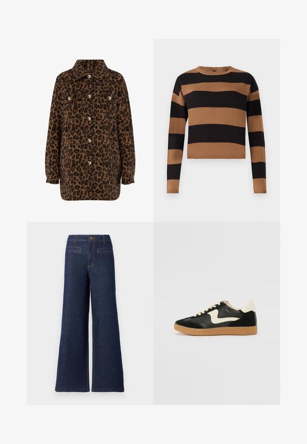 Brun og sort leopardprint skjortejakke med krave, knaplukning, to brystlommer og lange ærmer. Blød tekstur.; Brun og sort stribet striktrøje, rund hals, lange ærmer, tekstureret stof, cropped cut, med vekslende tykke striber.; Bredde denimbukser i mørkeblå med høj talje, knaplukning foroven og kontrasterende orange syninger. To baglommer synlige.; Sorte ruskinds- og lædersneakers med en cremefarvet side-swoosh og lys cremefarvet hæl. Har beige snørebånd og en gummirubber-sål.