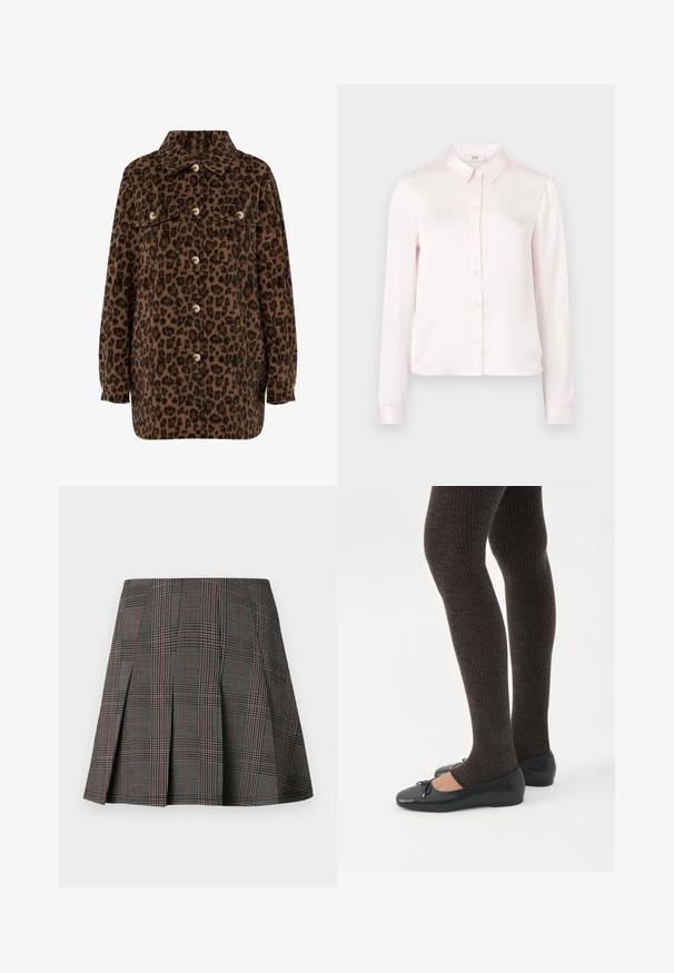 Brun og sort leopardprint skjortejakke med krave, knaplukning, to brystlommer og lange ærmer. Blød tekstur.; Lyserød satin skjorte med lange ærmer, krave, knaplukning og manchetter, der har en glat tekstur og klassisk design.; Gråternet nederdel med plisseringer, prydet med intrikate mønstre i sort og hvid, akkompagneret af tynde røde linjer. Fremstillet af et struktureret stof.; Ben iført mørke ribbede leggings kombineret med sorte balletsko med små sløjfedetaljer på hvid baggrund.