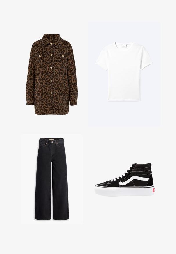 Leopardenmuster-Hemdjacke in Braun und Schwarz, mit Kragen, Knopfverschluss, zwei Brusttaschen und langen Ärmeln. Weiche Textur.; Einfaches weißes T-Shirt mit kurzen Ärmeln und Rundhalsausschnitt sowie kleinem "WEEKDAY"-Etikett im Nacken, flach auf einem hellen Hintergrund präsentiert.; Schwarze weite Jeans aus Denim mit fünf Taschen, Kupferrivets und einem klassischen Knopfverschluss. Glatte Textur mit einem klaren Design.; Schwarze High-Top-Sneaker mit weißen Schnürsenkeln, einem weißen Logo und kontrastierendem weißen Nähten. Verfügt über eine dicke weiße Sohle und ein strukturiertes Wildleder-Obermaterial.