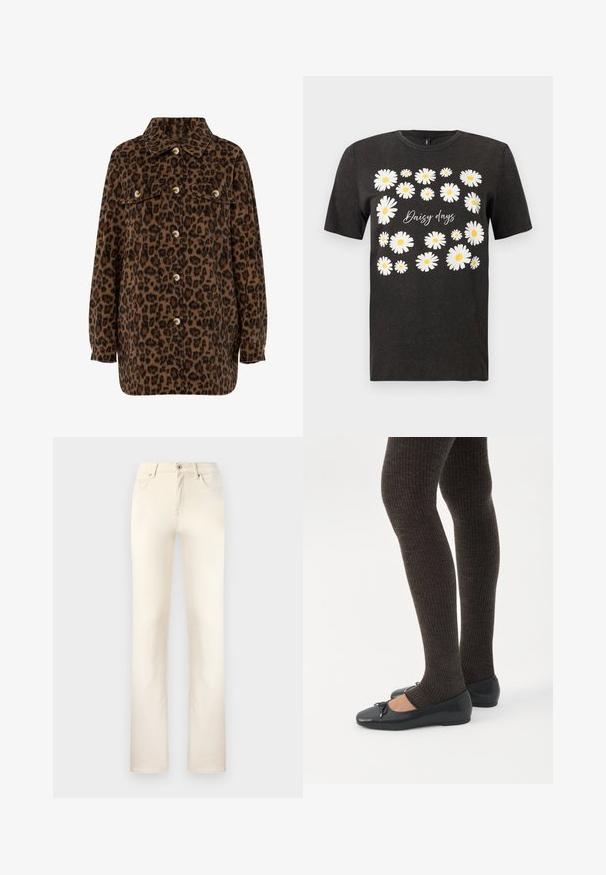 Brun og sort leopardprint skjortejakke med krave, knaplukning, to brystlommer og lange ærmer. Blød tekstur.; Sort T-shirt med korte ærmer med hvide og gule tusindfryd-mønstre omkring teksten "Daisy days" på forsiden.; Beige denim jeans med et klassisk lige ben-design. Har fem lommer, lynlås i front og diskrete sømme langs sømmene.; Ben iført mørke ribbede leggings kombineret med sorte balletsko med små sløjfedetaljer på hvid baggrund.