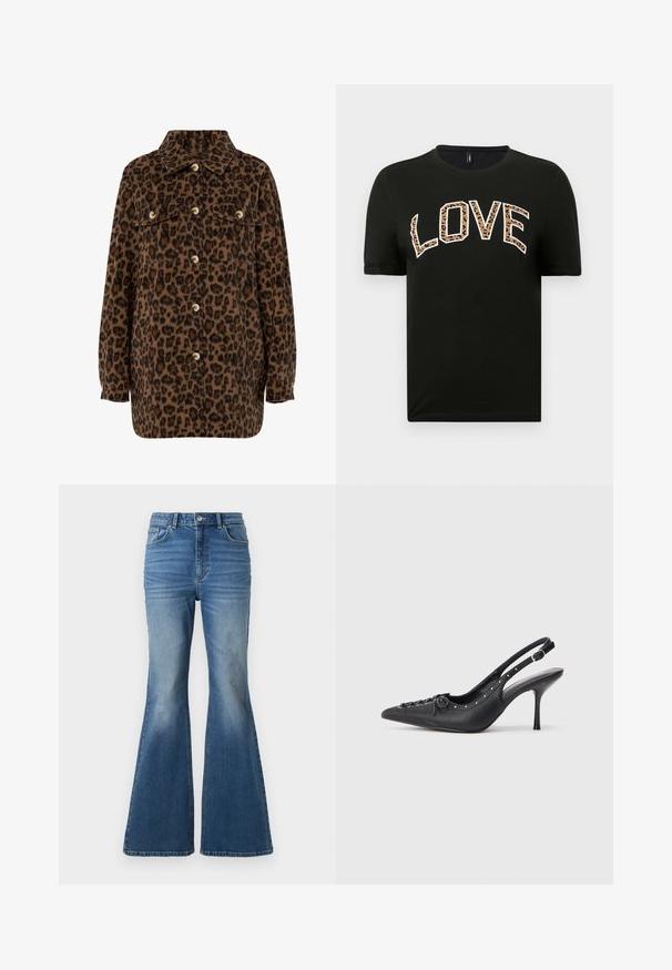 Leopardprint shirtjack in bruin en zwart, met een kraag, knoopsluiting, twee borstzakken en lange mouwen. Zachte textuur.; Zwart T-shirt met korte mouwen en een ronde hals, met het woord "LOVE" in witte letters en leopardprint.; Hoggewaisted, uitlopende blauwe spijkerbroek met een vervaagde wassing, voorzien van twee achterzakken, een knoopsluiting en gestikte details op de naden.; Zwarte leren slingback stiletto met spitse neus, zijgesp met gesp, studs langs de rand en decoratieve veters aan de voorkant.