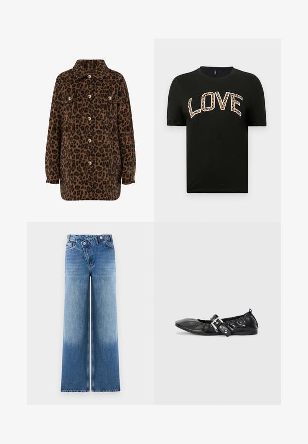 Brun og sort leopardprint skjortejakke med krave, knaplukning, to brystlommer og lange ærmer. Blød tekstur.; Sort kortærmet t-shirt med rund halsudskæring, der har ordet "LOVE" skrevet med hvide og leopardmønstrede bogstaver.; Lysblå vidde jeans med en falmet vask, der har et klassisk fem-lomme design og metalknap detaljer i taljen.; Sorte læder flade sko med spids tå, samling detaljer omkring åbningen, og en sølv spænde accent på den justerbare rem.