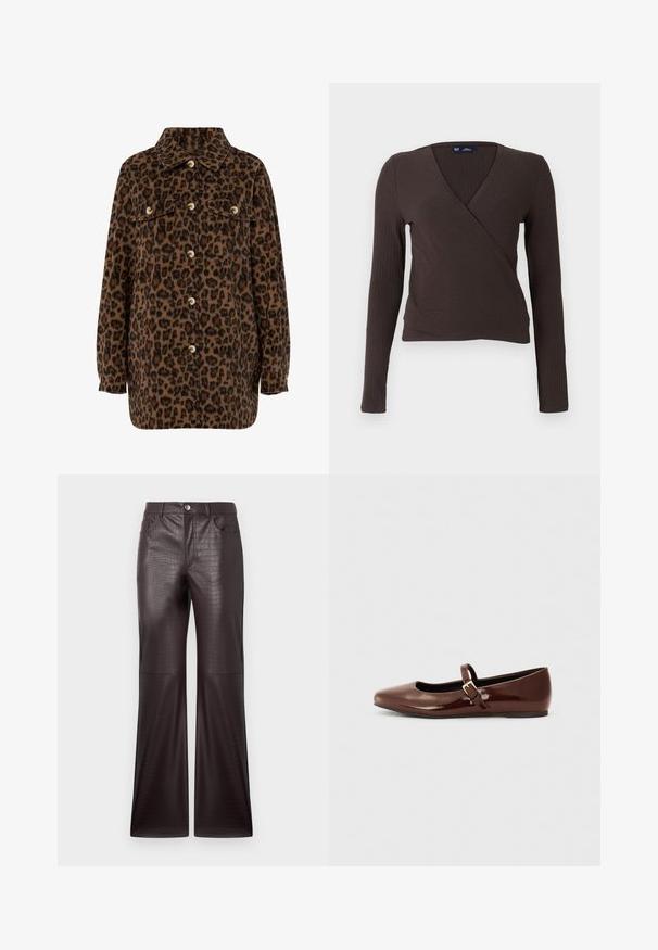 Brun og sort leopardprint skjortejakke med krave, knaplukning, to brystlommer og lange ærmer. Blød tekstur.; Brun ribbet langærmet top med slå-om-design og V-hals, der har en tætsiddende silhuet og glat tekstur. Brandlabel vist inde i halsudskæringen.; Krokodilleskindsmønstrede, mørkebrune bukser i faux læder med bred benform, der har forlommer og sølvfarvet knaplukning.; Brun patentlæder balletflade med firkantet tå og strop med en lille guldbuckle. Glat tekstur, lav hæl og minimalistisk design.