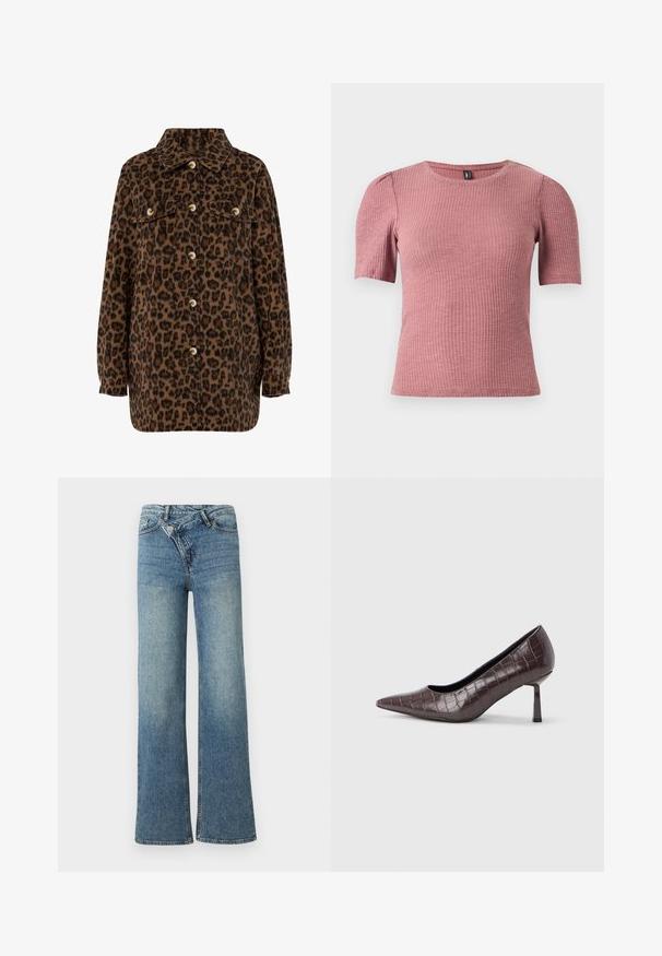 Brun og sort leopardprint skjortejakke med krave, knaplukning, to brystlommer og lange ærmer. Blød tekstur.; Kortærmet, tekstureret top i støvet rosa ribstrikket stof. Rund halsudskæring med diskrete pufærmer. Figursyet pasform, strækbart materiale.; Lyseblå denim jeans med vide ben og høj talje, let falmet effekt og knaplukning foran. Har fem lommer og minimal syning.; Brune kunstlæder stiletter med spidse tæer og krokodilletekstur, der har en slank, vinklet hæl og en glat inderside.