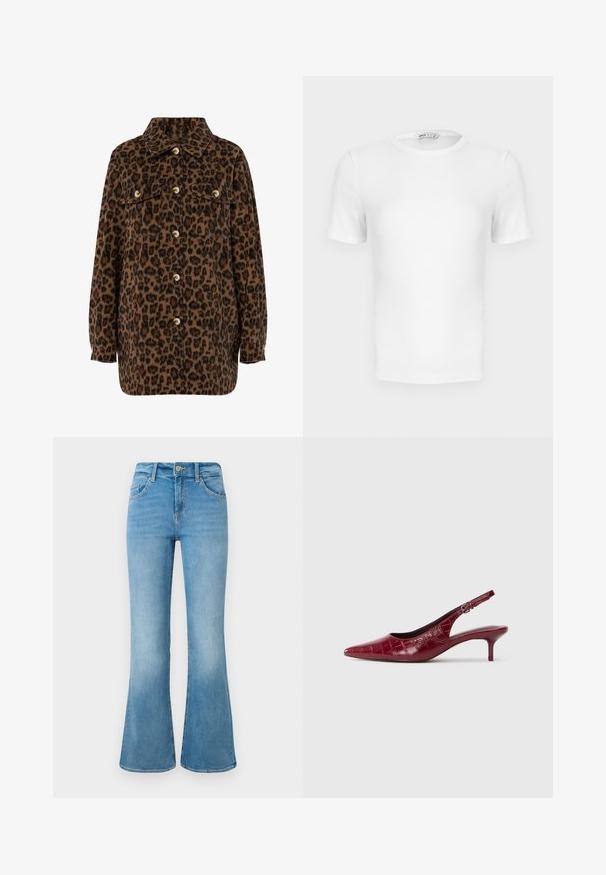 Brun og sort leopardprint skjortejakke med krave, knaplukning, to brystlommer og lange ærmer. Blød tekstur.; Hvid ribstrikket T-shirt med korte ærmer, rund hals og tætsiddende pasform samt en lille mærkeetiket inde i kraven.; Lyseblå denim flare jeans med forlommer, bæltestropper og knaplukning mod en hvid baggrund.; Bordeaux læder slingback pumpe med krokodillestruktur, spidse tæer, justerbar spænde rem og lav kitten hæl på en hvid baggrund.
