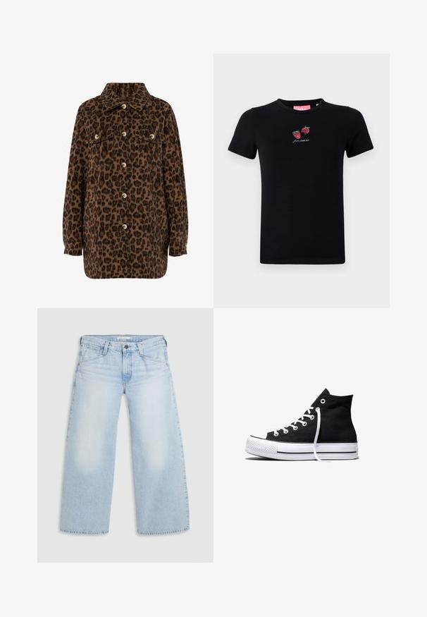 Leopardprint shirtjack in bruin en zwart, met een kraag, knoopsluiting, twee borstzakken en lange mouwen. Zachte textuur.; Zwarte katoenen T-shirt met korte mouwen, een ronde hals en geborduurde aardbeien met de tekst "Laten we ontspannen" in het wit.; Lichtblauwe wijde jeans gemaakt van denim. Kenmerken zijn een rechte snit, een vijfzakkenontwerp en een knoopsluiting aan de taille.; Zwarte hooggesloten canvas sneaker met witte rubberen zool en witte veters, zijwaarts weergegeven op een witte achtergrond.