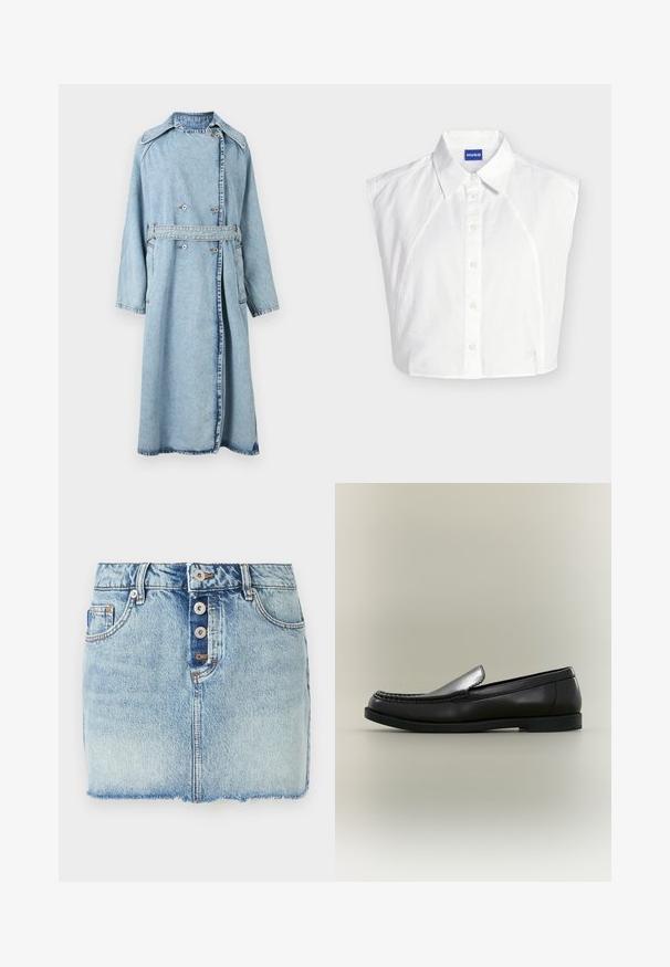 Trench-coat en denim bleu clair avec un devant à double boutonnage, des poches latérales, un large col et une ceinture à la taille ; il présente une coupe décontractée et des manches longues.; Chemise blanche sans manches à col boutonné devant, avec étiquette de la marque Hugo à l’intérieur du col et logo brodé subtil près de l’ourlet.; Mini-jupe en jean bleu clair avec fermeture à boutons sur le devant, passants pour ceinture et ourlet brut.; Mocassin en cuir noir avec couture moc toe, petit talon et design à enfiler sur fond neutre.