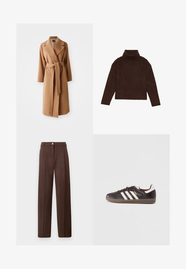 Manteau en laine camel long avec larges revers et ceinture en tissu assorti nouée à la taille, poches latérales et manches longues.; Pull en maille côtelée marron à col roulé, avec des manches longues et une silhouette courte, présentant un design de tricot épais et texturé.; Pantalon marron taille haute à jambes droites avec bouton à l’avant, braguette zip, passants de ceinture et poches latérales sur un fond neutre.; Baskets en cuir marron foncé avec un design à trois bandes blanches, une semelle en caoutchouc et l'inscription "Samba" en lettres dorées sur le côté. Forme classique basse.