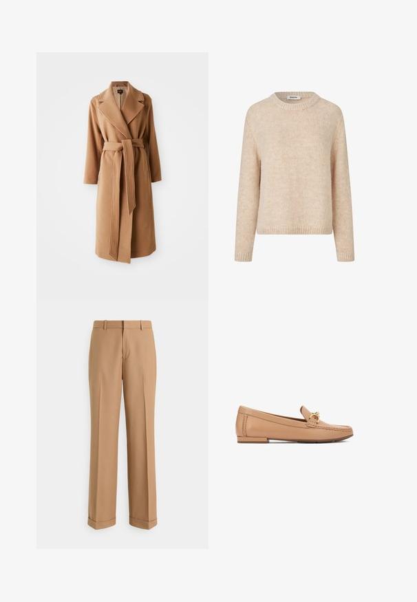 Manteau en laine camel long avec larges revers et ceinture en tissu assorti nouée à la taille, poches latérales et manches longues.; Pull à col rond en tricot beige à manches longues, fabriqué en tissu doux et pelucheux, avec des bords côtelés aux poignets et à l'ourlet.; Pantalon beige sur mesure en tissu lisse, doté d'une coupe droite, de plis repassés et d'un ourlet revers pour un look soigné.; Mocassins en cuir fauve ornés d'un détail en métal doré, semelle plate et coutures décoratives sur les côtés. Texture lisse.