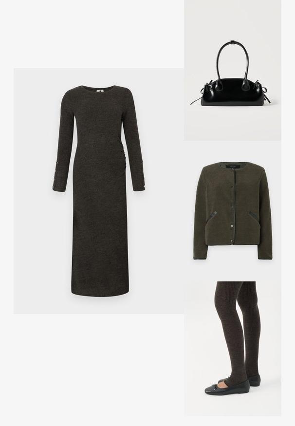 Veste en polaire de couleur vert olive foncé avec une surface texturée, un col rond, des boutons pression et des patches noirs sur les poches.; Robe à manches longues, gris foncé, en côtes avec une silhouette ajustée et des fronces sur les côtés. Présente des accents de boutons sur les poignets et une texture douce.; Jambes portant des leggings côtelés foncés associés à des ballerines noires avec de petits détails en nœud sur fond blanc.; Petit sac à main noir brillant avec deux longues anses et des détails à cordon sur les côtés sur un fond clair uni.
