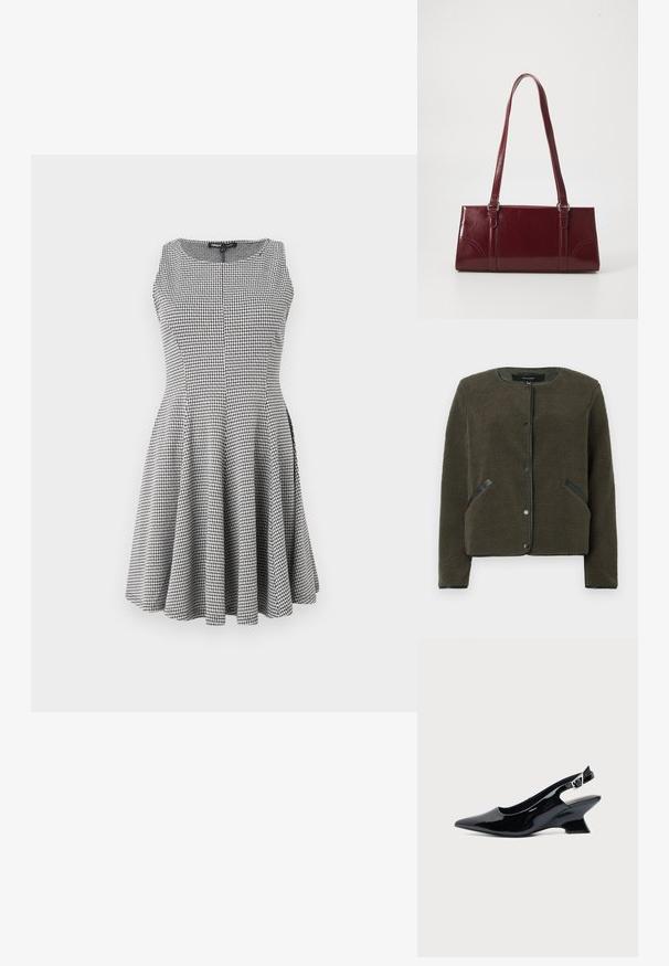 Veste en polaire de couleur vert olive foncé avec une surface texturée, un col rond, des boutons pression et des patches noirs sur les poches.; Robe sans manches à carreaux noir et blanc avec un corsage ajusté et une jupe évasée, texture lisse et détails de couture subtils.; Chaussure slingback en cuir verni noir avec bout pointu et petit talon bloc incliné sur fond clair uni.; Sac à main bordeaux en matériau brillant, de forme rectangulaire, avec deux anses et des accents légèrement courbés à l'avant.