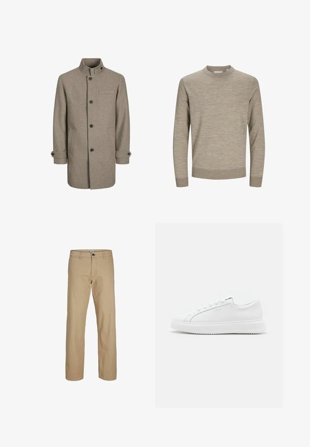 Bruine wollen jas met een hoge kraag, knoopsluiting, twee zijzakken en een borstzak. Voorzien van zwarte knopen en omgeslagen mouwen.; Beige lange mouw trui met ronde hals, geribbelde manchetten en zoom, weergegeven op een witte achtergrond.; Beige rechte broek met knoopsluiting, ceintuurlussen en voorzakken, afgebeeld tegen een witte achtergrond.; Witte sneakers van glad synthetisch materiaal. Voorzien van een low-top ontwerp, verhoogde witte zool, ronde neus en vetersluiting met vijf oogjes.