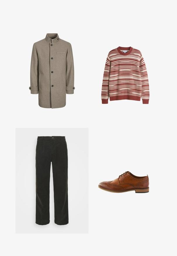 Brun uldfrakke med høj krave, knaplukning, to sidelommer og en brystlomme. Har sorte knapper og rullede manchetter.; Rød og creme stribet sweater med rund hals, ribstrikkede manchetter og kant. Stoffet har et struktureret strikkemønster.; Lindbergh WIDE FIT PANTS - Bukser - army; Brun læder brogue sko med detaljerede perforeringer, rund tå, snørebåndsdesign og en mellembrun træsål.