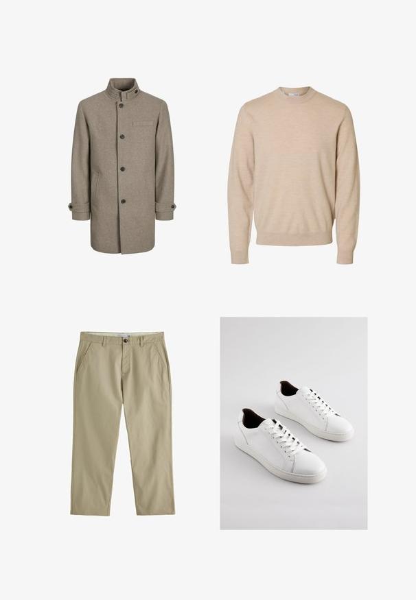 Brun uldfrakke med høj krave, knaplukning, to sidelommer og en brystlomme. Har sorte knapper og rullede manchetter.; Beige langærmet rundhalset sweater lavet af blødt strikstof, med ribstrikkede manchetter og kant, designet til mænd.; Beige bukser med lige ben, bæltestropper, skrå forlommer og enkelt knaplukning i taljen.; Hvide lædersneakers med lav profil, perforerede sider, flade snørebånd og en kontrasterende brun indvendig foring. Gummisål med tekstureret mønster.