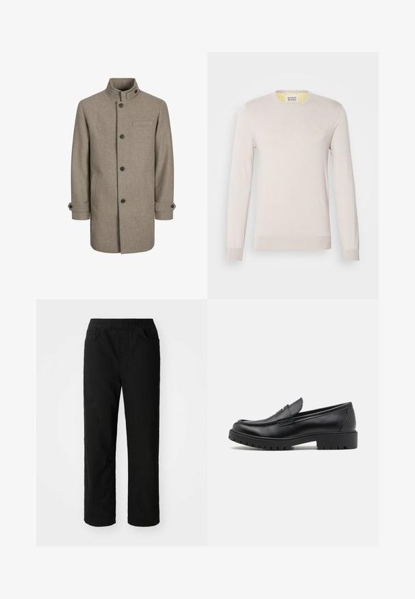 Brun uldfrakke med høj krave, knaplukning, to sidelommer og en brystlomme. Har sorte knapper og rullede manchetter.; Lys beige strikket sweater med lange ærmer, rund halsudskæring og subtile ribbede manchetter. Har et lille guld logo på brystet.; Sorte bomuldsbukser med en afslappet pasform, elastisk talje, to frontlommer og lige ben. Glat tekstur uden synlige mønstre.; Sorte læder loafers med rund tå, slip-on design og tyk gummisål med tekstureret greb. Forhøjet hæl og subtile syninger.